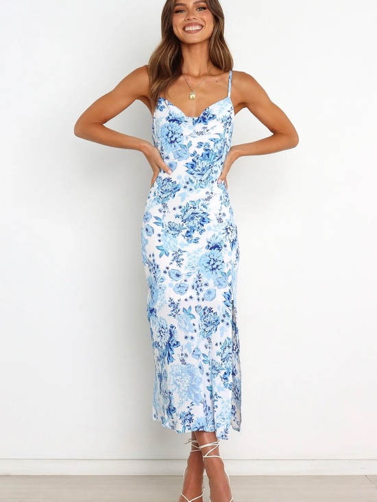 Petal & Pup Dresses & Skirts - Petal & Pup White Midi Dress with Blue Floral Print